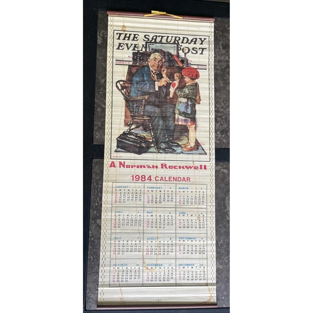 Vtg. Wooden 1984 Norman Rockwell‎ Year-Long Roll-Up Calendar Wall Hanging